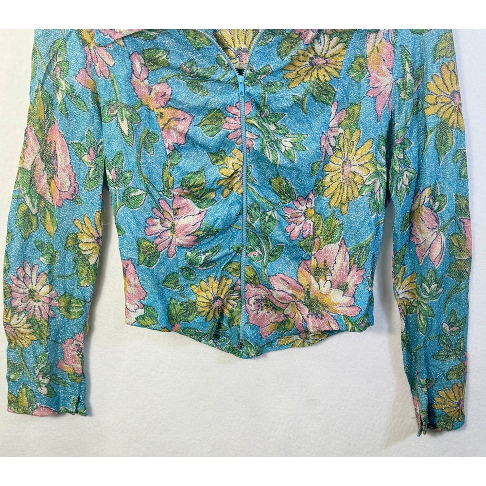 70s Disco Glam Metallic FloralVintage Zip Jacket Bouncing Bertha Blue Pink Sz 9 - Picture 4 of 13